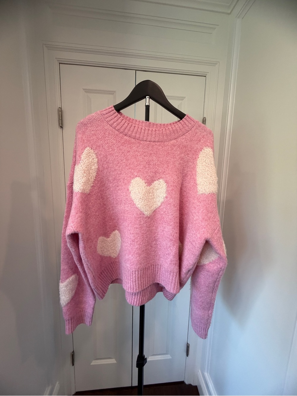Lush Pink Crewneck Sweater with Cream Heart Motifs